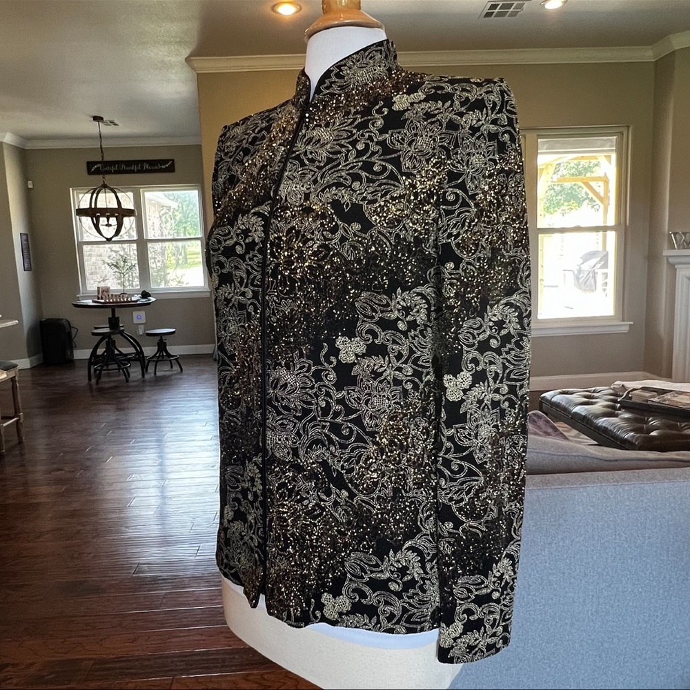 Jeanne Alexander Medium Vtg Zip front jacket gold metallic sparkle Shoulder pads - Picture 7 of 15
